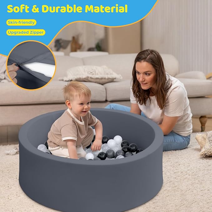Baby Ball Pit 35.4" Soft Round Memory Foam Ball Pits NOT Included Balls Indoor Outdoor Playpen for Babies Toddlers Kids Great Gift for Girls Boys, Dark Gray
