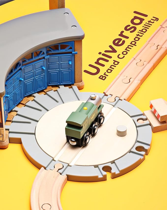 SainSmart Jr. Wooden Train Track with Roundhouse - Railway Toy for Toddlers, Double-Side Tracks Compatible with with All Major Brands - Wood Toy Train for Aged 3+