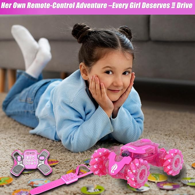 Pink Remote Control Car for Girls, Gesture Sensing Stunt Remote Control with Light & Music, 4WD 360° Rotating, 2.4Ghz RC Car, Birthday Gift for Kids Age 3-12 & 4-10 Best Gift for Girls