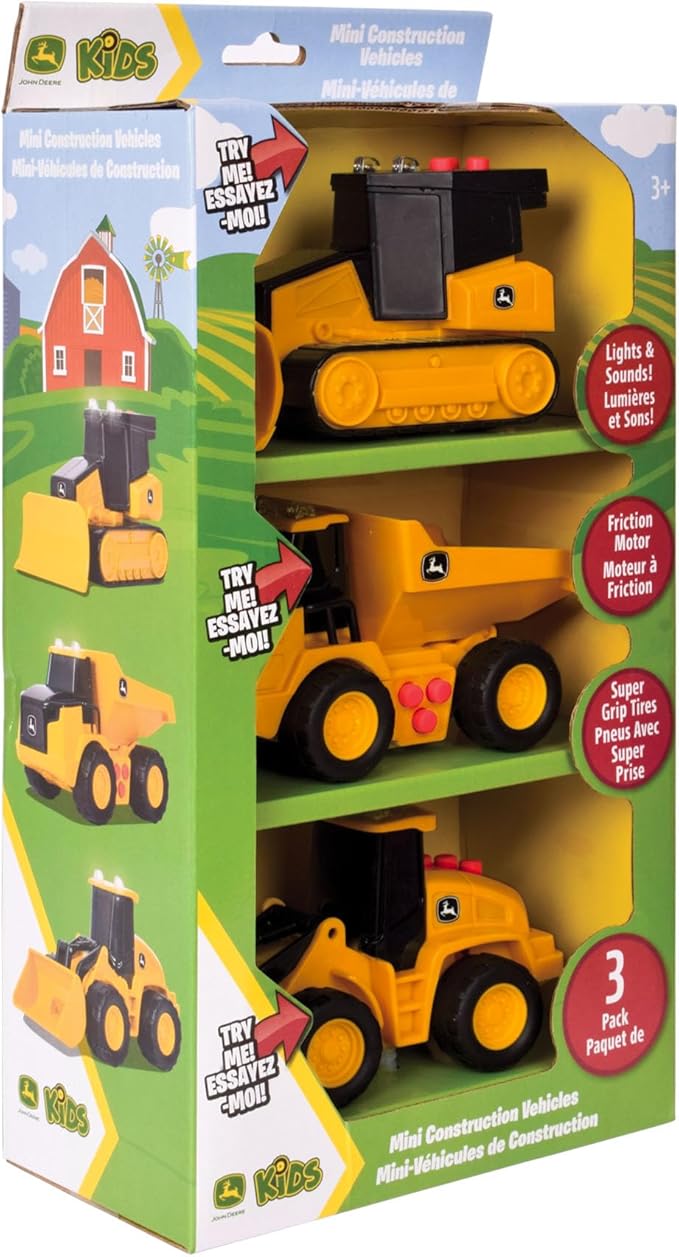 John Deere Realistic Farm Vehicles 3 Pack, 5" Toy Construction Vehicles with Lights, Sounds and Friction Rev Motor, Party Favor and Gift for Kids 3+