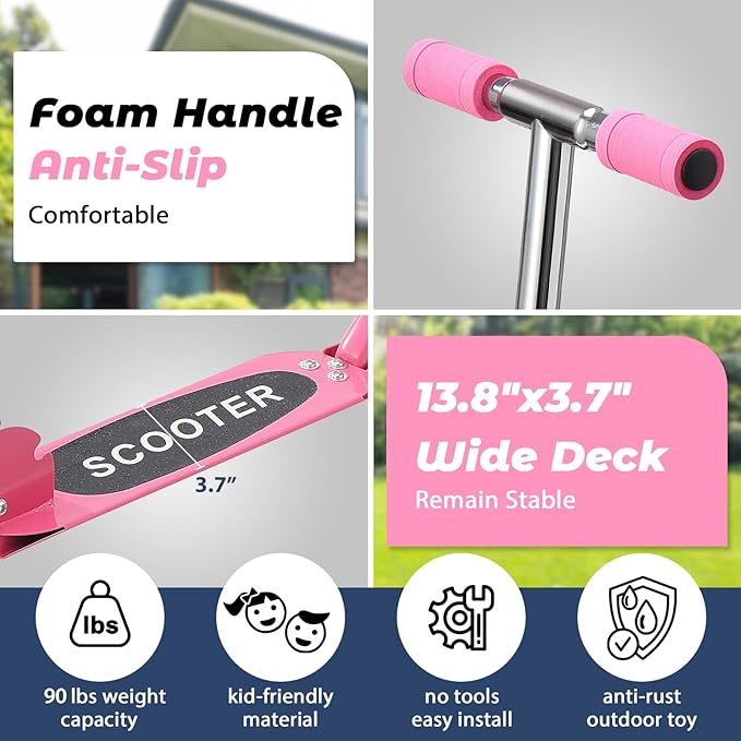 Scooters for Kids 3-5, Kick Scooter Foldable, 2 Wheel Scooter with Fun Light Up Wheels, 24-28 Adjustable Handlebar, Heavy Duty Steel Frame, Outdoor Smooth Riding, Max 90 lb, Girl Birthday Gift