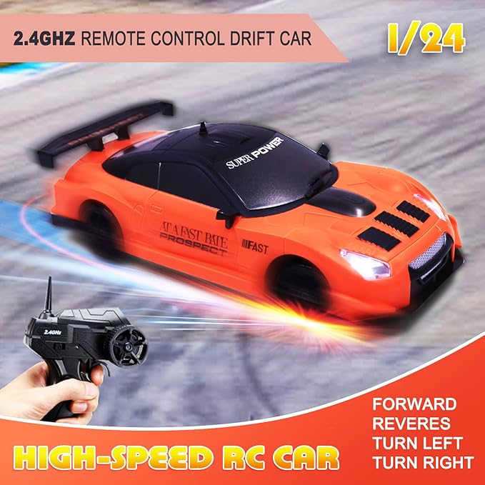 Remote Control Car RC Drift Car 2.4GHz 1:24 Scale 4WD 15KM/H High Speed Model Vehicle with LED Lights Drifting Tire Racing Sport Toy Car for Adults Boys Girls Kids Gift 2Pcs Rechargeable Batteries