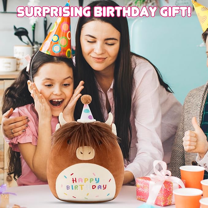 SQEQE Happy Birthday Highland Cow Plush Cute Cow Stuffed Animal Toy Brown Cow Plushies Doll Home Decor for Kids Girls Boys(Cow, 10 Inch)