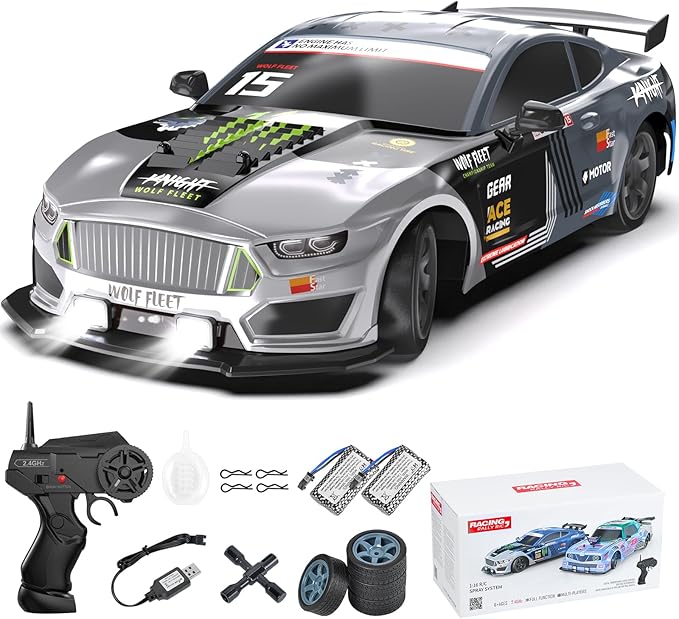 Dollox Remote Control Car 1/16 Scale RC Drift Car 2.4GHz 4WD High Speed 18+KM/H Vehicle with LED Lights and Spray, Extra Drifting Tires Racing Vehicle Toys Birthday Gifts for Adults Boys, 2 Batteries