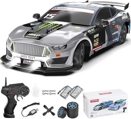 Dollox Remote Control Car 1/16 Scale RC Drift Car 2.4GHz 4WD High Speed 18+KM/H Vehicle with LED Lights and Spray, Extra Drifting Tires Racing Vehicle Toys Birthday Gifts for Adults Boys, 2 Batteries