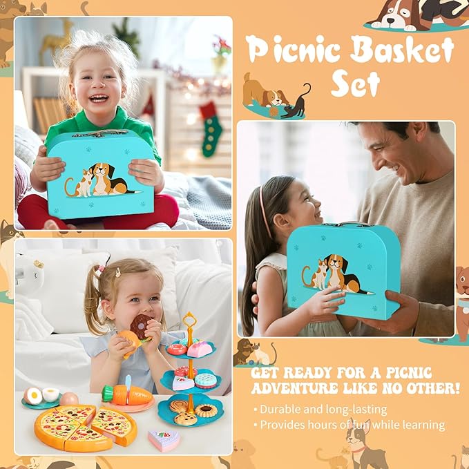 Kids Picnic Basket, Toy Food for Toddlers 1-3, Play Food Sets for Kids Kitchen Role Playset with Carry Case Fake Food Fruit Play Kitchen Accessories, Birthday for Toddler Girls Boys