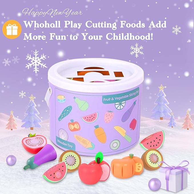 WHOHOLL Play Food Set for Play Kitchen Accessories, Wooden Toys Food Pretend Cutting Food with Apron, Montessori Toys for 3+ Years Old Girls Boys Eye-Protection Learning Resources