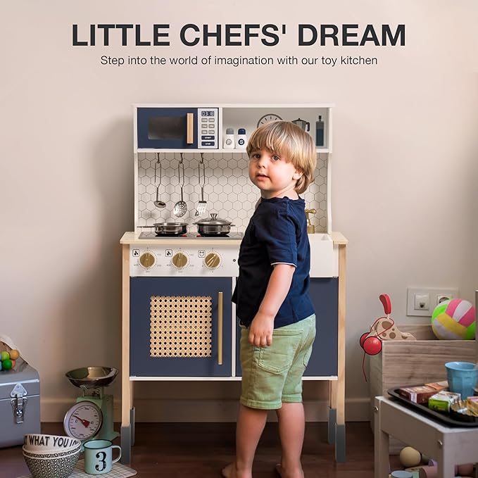 ROBOTIME Wooden Play Kitchen, Kids & Toddlers Kitchen Playset, Kids Play Kitchen Pretend Play Set with Lights & Sounds, Toy Kitchen for Ages 3+ (Blue)