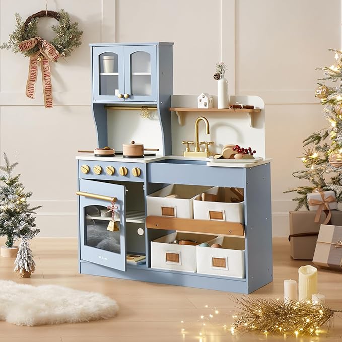 Tiny Land Wooden Play Kitchen Set - Toy Storage System, Plenty of Play Features, Ages 3+ (Blue)