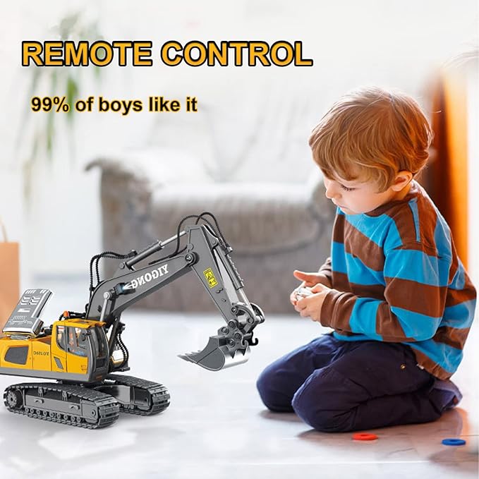 Remote Control Excavator 11 Channel RC Excavator Truck Toys 1/20 Scale 2.4Ghz Construction Vehicles with Metal Shovel 680° Rotation for Kids Boys Age 4-7 8 9 10 Year Old (Yellow)