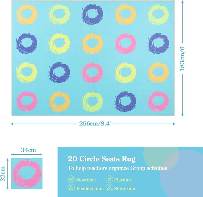 STARUIA Large Classroom Carpet Educational Rug for Kids Room, 6x8.4 Abstract Blue Rug with Colorful Handpainted Circles, Stain-Resistant High-Traffic Kids Area Rug for Playroom Elementary