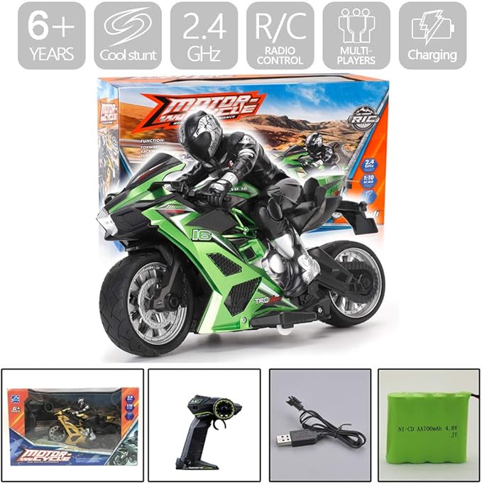 Liberty Imports 2.4G RC Remote Control Stunt Motorcycle with Riding Figure, 1:10 Scale High Speed Cross Country 360 Degree Rotation Drift Shockproof Racing Motorbike (Green)