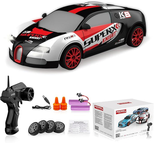 RC Drift Car Remote Control Car 2.4GHz 1:24 Scale 4WD 15KM/H High Speed Model Vehicle LED Lights Drifting Tire Racing Sport Toy Car for Adult Boys Girls Kids Gift 2Pcs Rechargeable Batterie