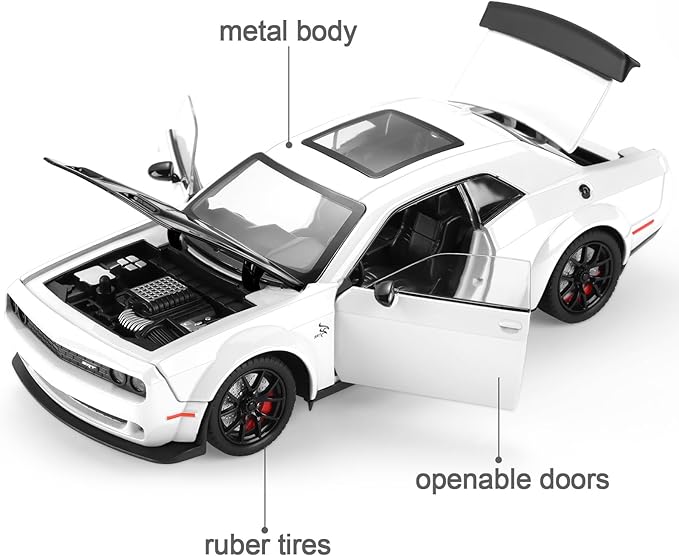SASBSC Hellcat Toy Cars for Boys Age 3-12 1:24 Challenger Diecast Car Toys Metal Car Model with Light & Sound Collectable Muscle Super Cars for Kids (White)