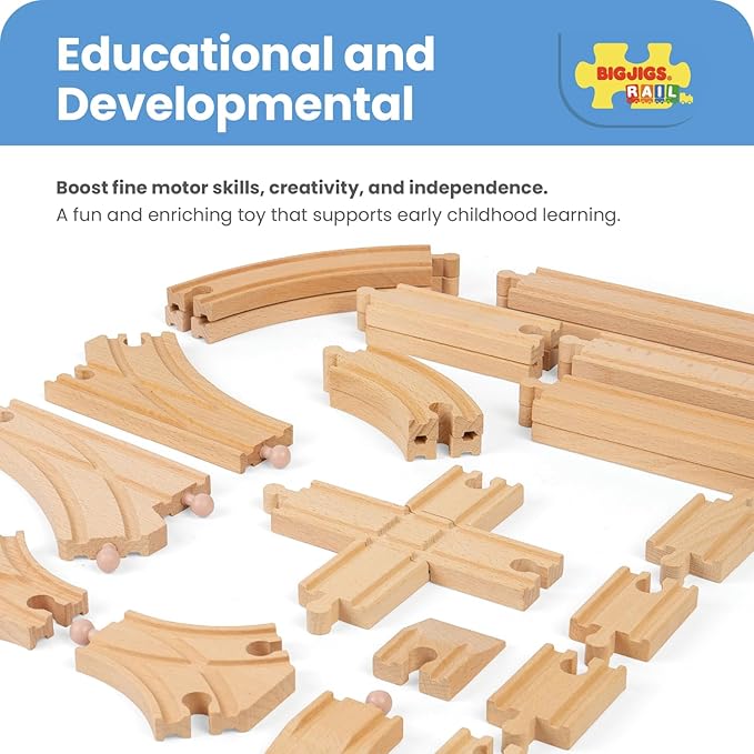 Bigjigs Rail Low Level Train Track Expansion Pack - 25pc Wooden Train Track for Train Sets , Quality Bigjigs Train Accessories , Compatible with most major Wooden Railway Brands