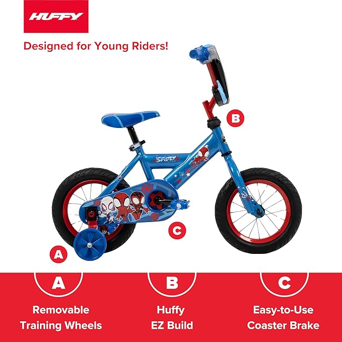 Huffy Disney and Marvel 12/16 Inch Boy's Bike for Kids, Multiple Color Options and Designs Available, Ideal for Ages 3+ Years Old, Removable Training Wheels, Adjustable Seat, Simple Coaster Brake