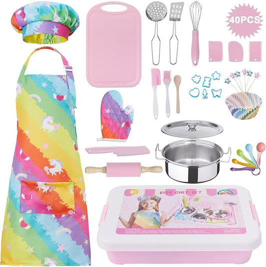 42 Pieces Kids Real Cooking Set,Kids Knife Set, Kids Baking Set,Cookware,Kids Play Pots and Pans,Mini Stainless Steel Pretend Play Cooking Toys,Apron and Chef Hat for Girls,Sensory Toys