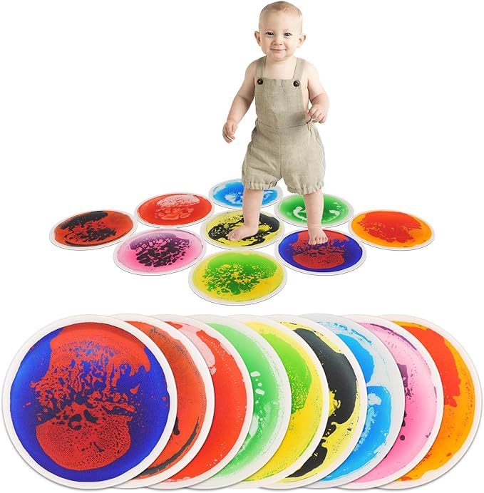 Art3d 9PCS Round Sensory Floor Tiles for Kids, Toddlers and Children, Colorful Liquid Sensory Activity Mat for Active Play and Decorative