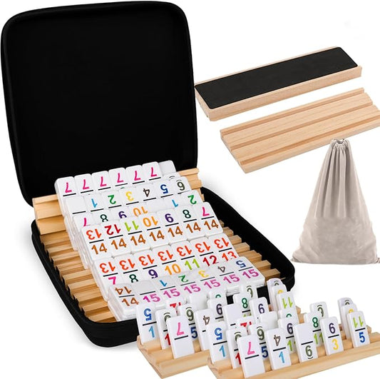 Double 15 Mexican Train Dominoes Set with 8 Wooden Racks & 136 Number Tiles Portable Travel Board Game for Kids and Adults Family Game Night