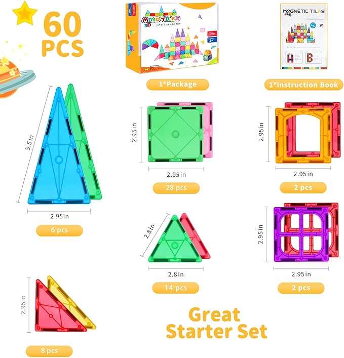 Magnetic Tiles Building Set, 60-Piece STEM Learning Toys for Kids – Sensory & Montessori-Inspired Magnet Building Blocks for Toddlers, Boys & Girls 3 4 5 6 7 8 Year Old