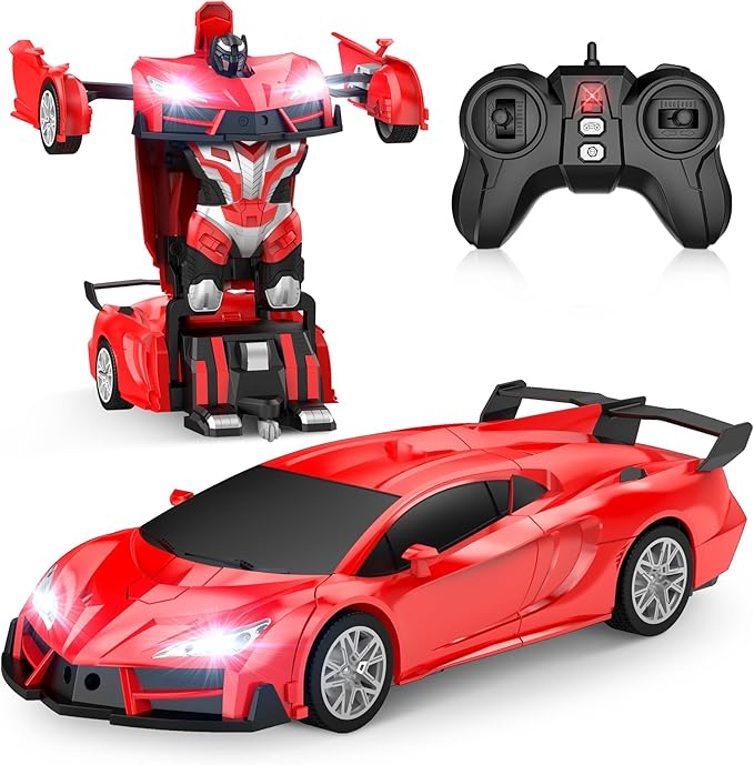 Remote Control Car，Transform Robot RC Cars with Cool LED Headlights, 2.4Ghz Toys Car with 360 Degree Rotation and One-Button Deformation, Christmas Birthday Gifts for Boys Girls(Red)