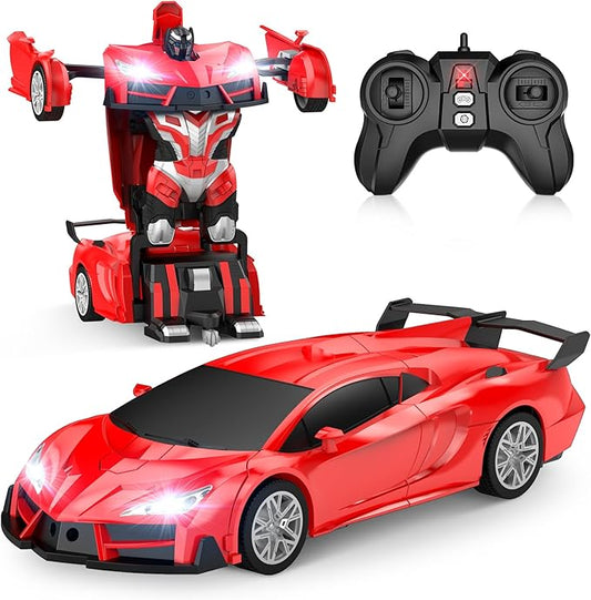 Remote Control Car，Transform Robot RC Cars with Cool LED Headlights, 2.4Ghz Toys Car with 360 Degree Rotation and One-Button Deformation, Christmas Birthday Gifts for Boys Girls(Red)