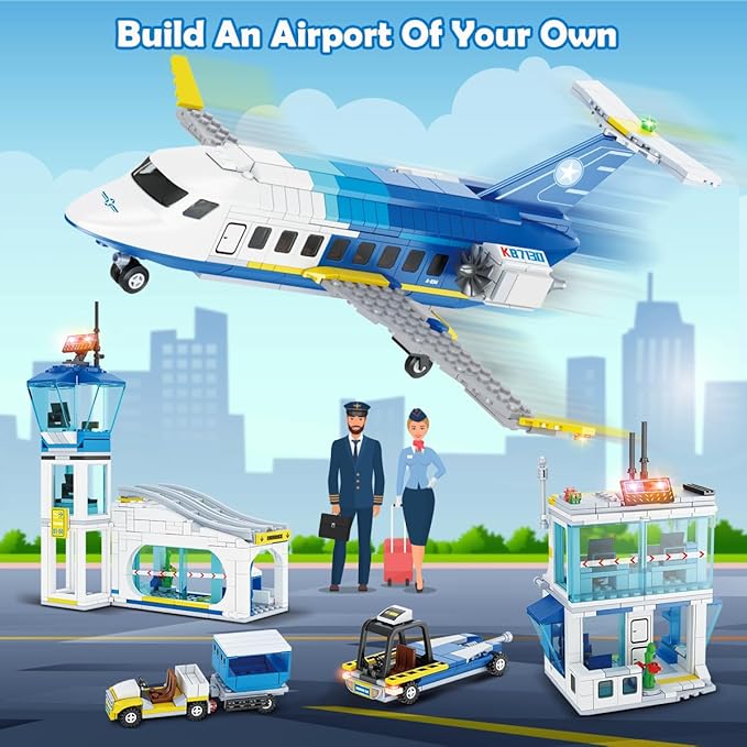 City Passenger Airplane Building Set, 711 PCS 3 IN 1 Plane Building Blocks Kit with Airport Terminal, Radar Tower, Luggage Truck, Planes Model Toys Gift for Boys Girls Kids 6 7 8 9+ Years Old