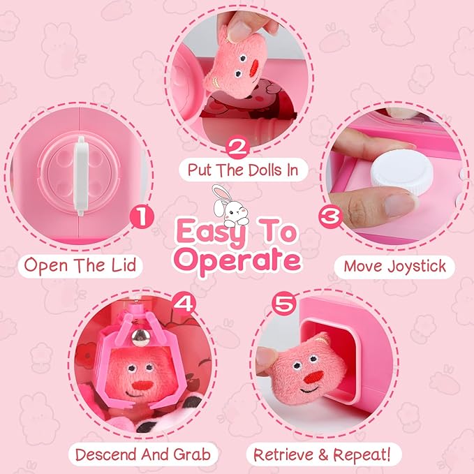 Claw Machine for Kids, Bunny Toy Glowing Arcade Game with LED Lights & Sound, Mini Rabbit Vending Machines Candy Grabber Prize Dispenser with Mini Plush Dolls, Home Party Easter Birthday Gifts