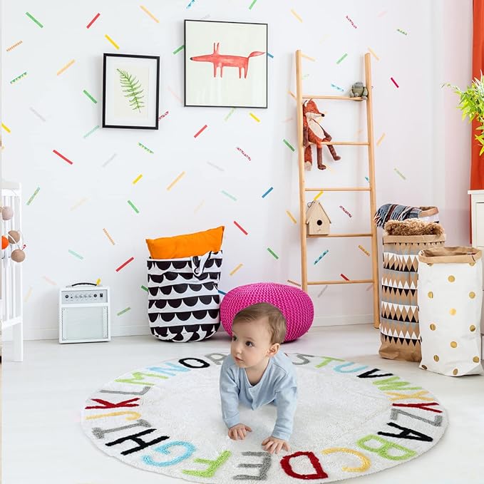 Round ABC Kids Carpet Large Playmat - Play Learn and Have Fun Safely, Hand Woven Alphabet Baby Crawling Mat, Educational Soft Rug, Baby Shower/Birthday Gift, Colorful