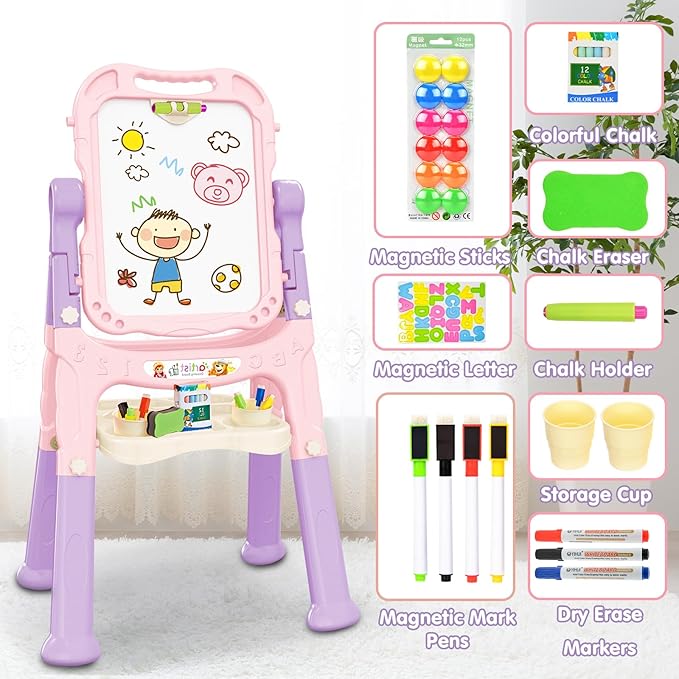 Amagoing Easel for Kids, Adjustable Standing Art Easel for Toddler, Double Side Magnetic Chalk Board with Painting Accessories, Birthday Christmas Gift for Little Boys and Girls, Middle Size Pink