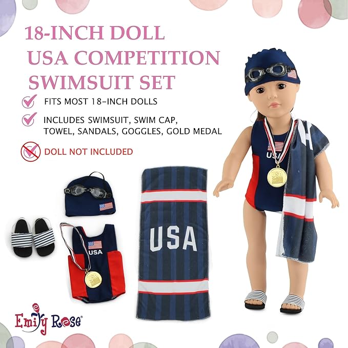 Emily Rose 18-Inch Doll Clothes 6-Piece USA Competition Bathing Suit Swimsuit and Accessories, Including Medal & Goggles | Gift Boxed! | Compatible with 18" American Girl Dolls | Doll Not Included