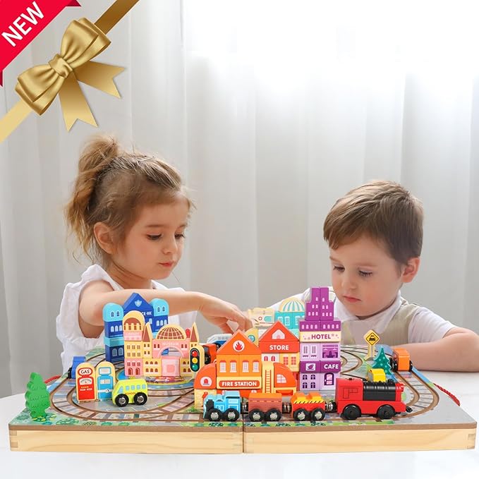 Large Wooden Building Blocks Set, Electric Train City Construction Stacking Blocks Preschool Learning Educational Toys,Wooden Take-Along Tabletop Railroad Play Set for Toddlers