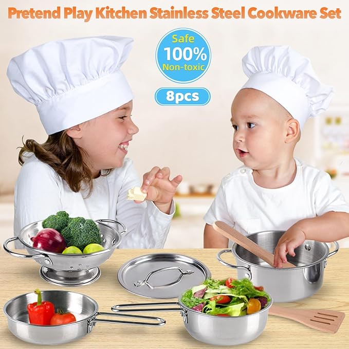 8 PCS Stainless Steel Play Pots and Pans Toys for Kids-Kitchen Playset Pretend Game Toys Cookware Cooking Utensils,Children Kitchen Accessories Set,Great Learning Gifts for Toddler & Boys Girls