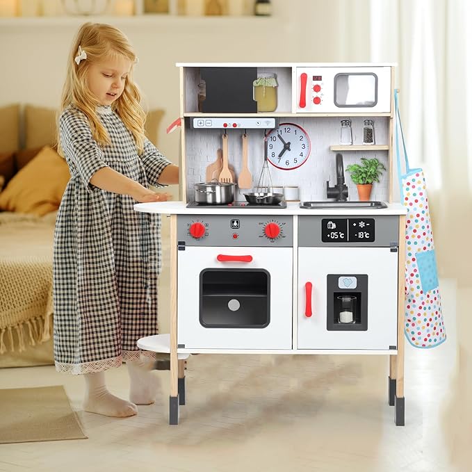 Wooden Kitchen Playset for Kids, Realistic Lights & Sounds Toddler Play Kitchen Set Include Complete Toy Cooking Equipped & Cookware Accessories for Chef Pretend Game Birthday Best Gift