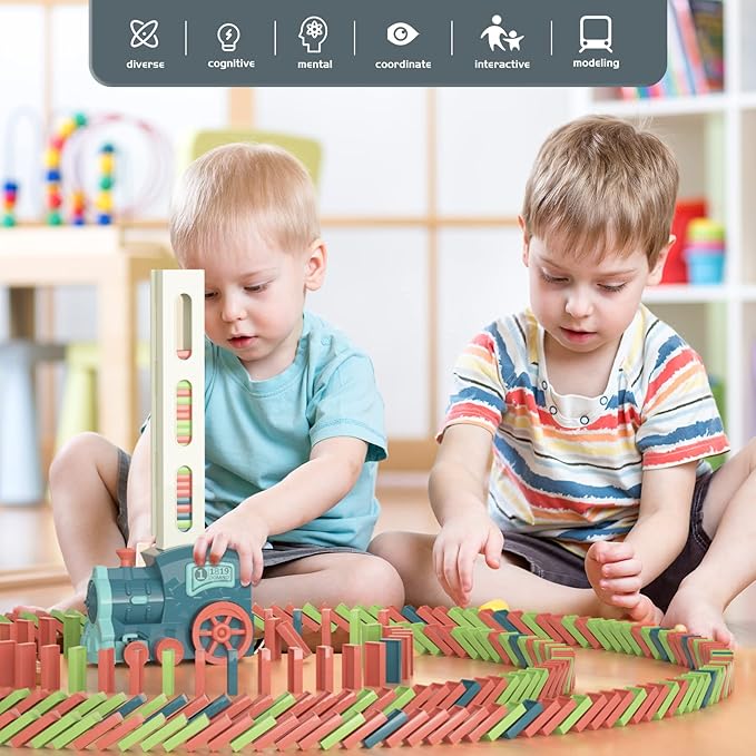 Kids Games Domino Train Toys: 180PCS Automatic Stacking Creative Game 3+ Year Old - Stem Montessori Toy for Boys 4-6 - Summer Autistic Christmas Birthday Gifts 5 6 Toddler Girls Ages 4-8