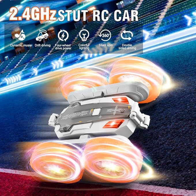 Remote-Control-Car-Stunt-RC-Car, New Upgraded 2.4Ghz 4WD Double-Sided 360° Rotating RC Crawler with Headlights & Wheel Lights, RC Truck Toy Cars Gift for Kids Boys and Girls Aged 6-12