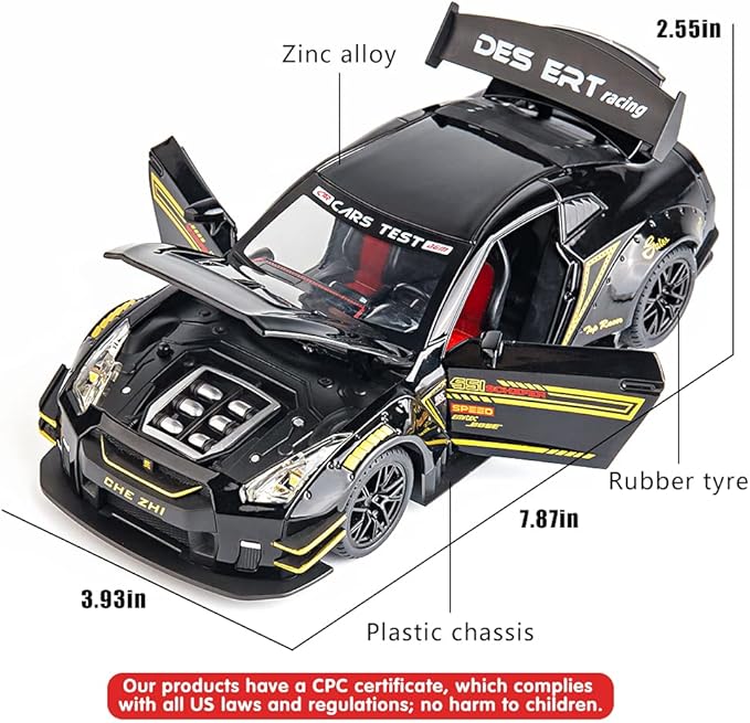 BDTCTK 1/24 Scale Compatible for Nissan GTR Model Car Toy, Zinc Alloy Pull Back Toy car with Sound and Light for Kids Boy Girl Gift (Black)