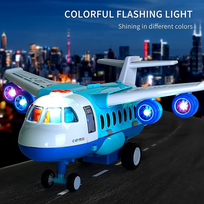 Bennol Spray Airplane Toys for Boys, Large Transport Cargo Airplane with 6 Construction Vehicle 10 Road Signs 1 Play Mat with Lights Sounds, Christmas Birthday Gifts for 3 4 5 6 7 8 Year Olds Boys