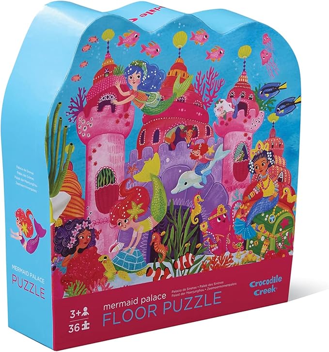 Crocodile Creek 36-Piece Jigsaw Floor Puzzle - Fun Floor Puzzles for Kids Ages 3-5 - Heavy-Duty Shaped Box for Storage - Mermaid Palace - 27" W x 20" H Finished
