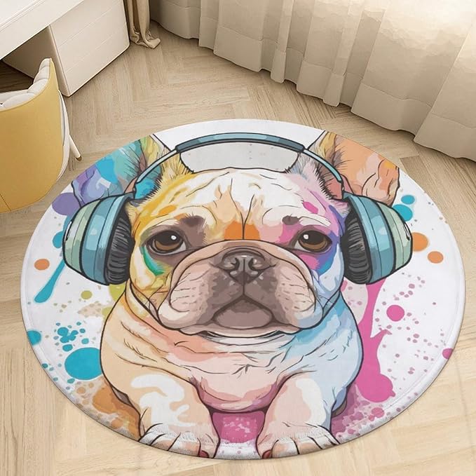 Round Rug-3Ft Colorful French Bulldog Living Room Area Rug Circle Rugs Soft Bedroom Mat,Round Carpet for Nursery Dorm Family Room
