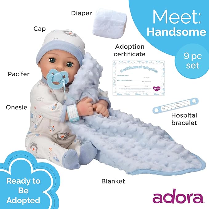 Adora 16 Inch Boy Baby Doll with Accessories Blue Matching 9-Piece Set Including a Pacifier, Hospital, Bracelet, Diaper, and More Gift for Toddlers Ages 3+ Adoption Babies Collection - Handsome