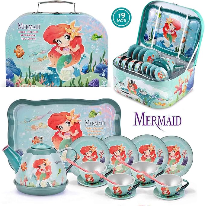 Mermaid Tea Party Set for Little Girls, Kids Party Set Toys for 3 4 5 6 Year Old Girls, Pretend Toy Tin Tea Set & Carrying Case, Princess Tea Time Kitchen Play Toys, Birthday Gifts for Girls