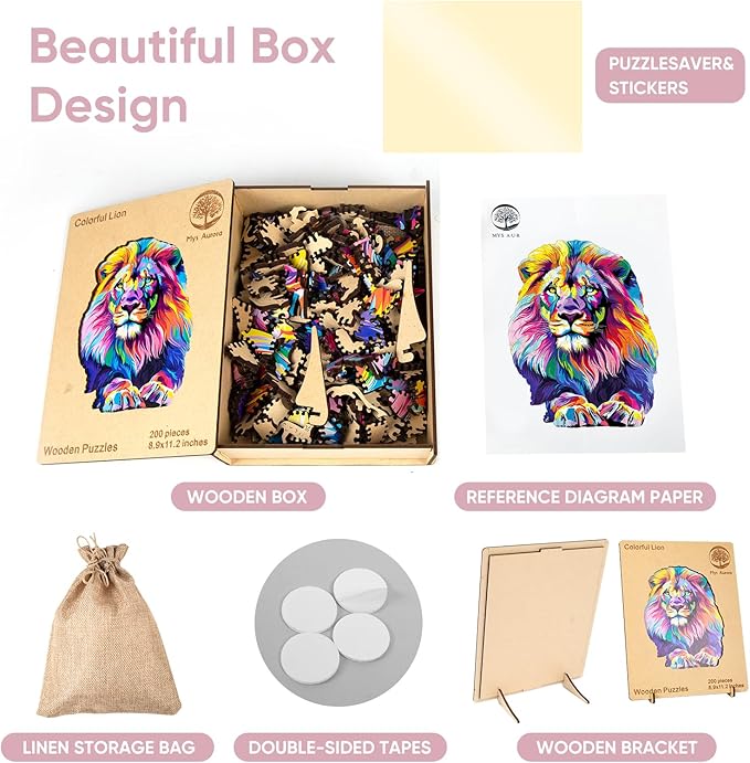 Wooden Puzzles for Adults, Lion Jigsaw Puzzles 200 Pieces, Unique Shaped Puzzle for Adults and Kids, Ghristmas Gift Family Game 10.8 x 11.2 Inch