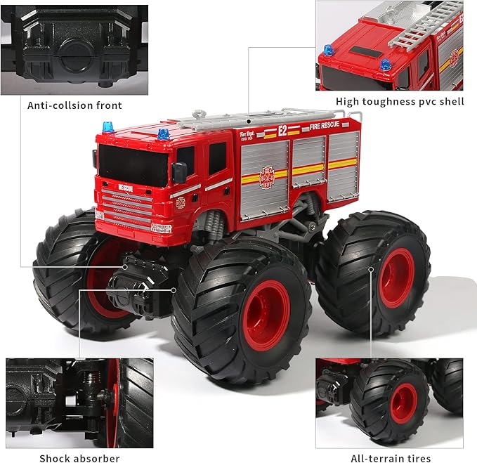Remote Control Fire Truck Monster Truck Toy,1/18 RC Fire Truck,2.4GHz Offroad Hobby RC Racing Car with LED, High Speed, Best Gift for Kids