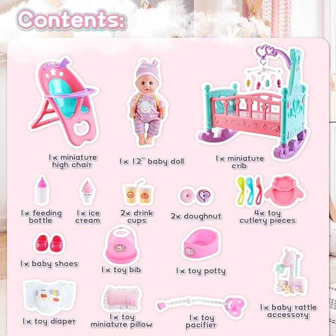 deAO 12” Baby Doll Play Set with Crib, Mobile, High Chair Feeding Accessories, Interactive Dolls for Girls Kids Pretend Play Baby Dolls 21 PCS