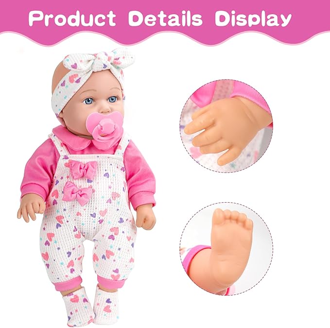 12" Baby Doll with Pink Bowknot Clothing Set,12 Inch Realistic Baby Dolls with Clothes and Accessories,Pacifier Bottle Toy Pretend Play Collection for 3+ Child Girls Gifts