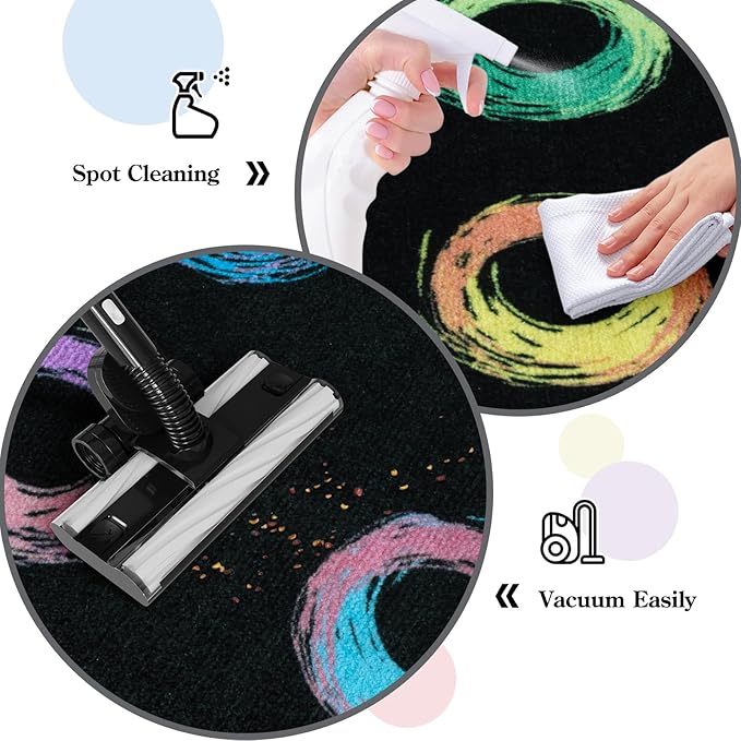 STARUIA Educational Large Carpet Classroom Rug for Kids Room, 6x8.4 Abstract Black Area Rug with Colorful Handpainted Circles, Stain-Resistant High-Traffic Kids Rugs for Playroom Elementary