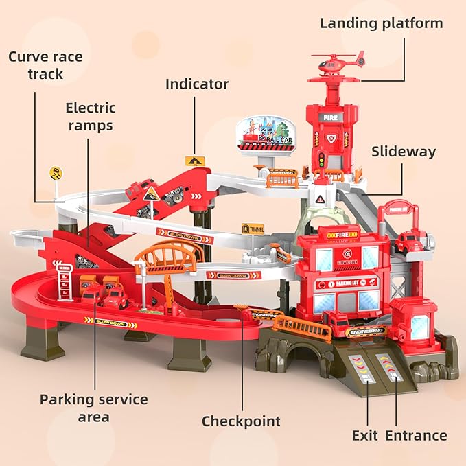 52PCS Fire Rescue Adventure Track Playset for Kids Ages 3+, Electric Ladder, 3 Mini Cars&one Airplane, Multi-Level Tracks with Lights & Sounds, Obstacles & Role Play, Gift for Boys & Girls
