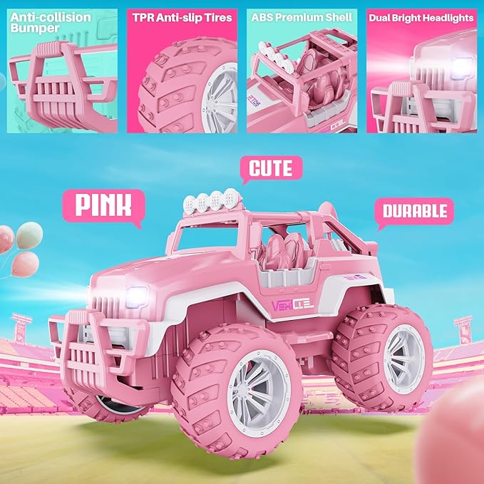 BEZGAR Remote Control Car for Girls - 1:16 Pink RC Cars with 2 Dolls & 4 Windmills, 2.4GHz with LED Lights, 80 Mins Play with Rechargeable Battery, Monster Truck Jeep Toys Birthday Gifts for Kids