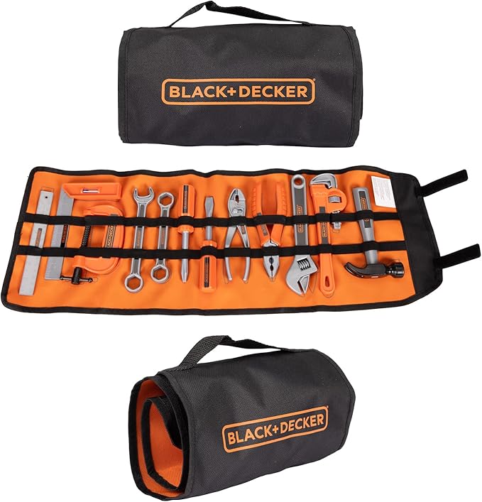 BLACK+DECKER Kids Tool Bag Set 13-Piece Junior Roll Up Bag Pretend Play Tools, Hammer, Phillips Screwdriver, Pliers, Adjustable Wrench & More! for Boys & Girls Ages 3+